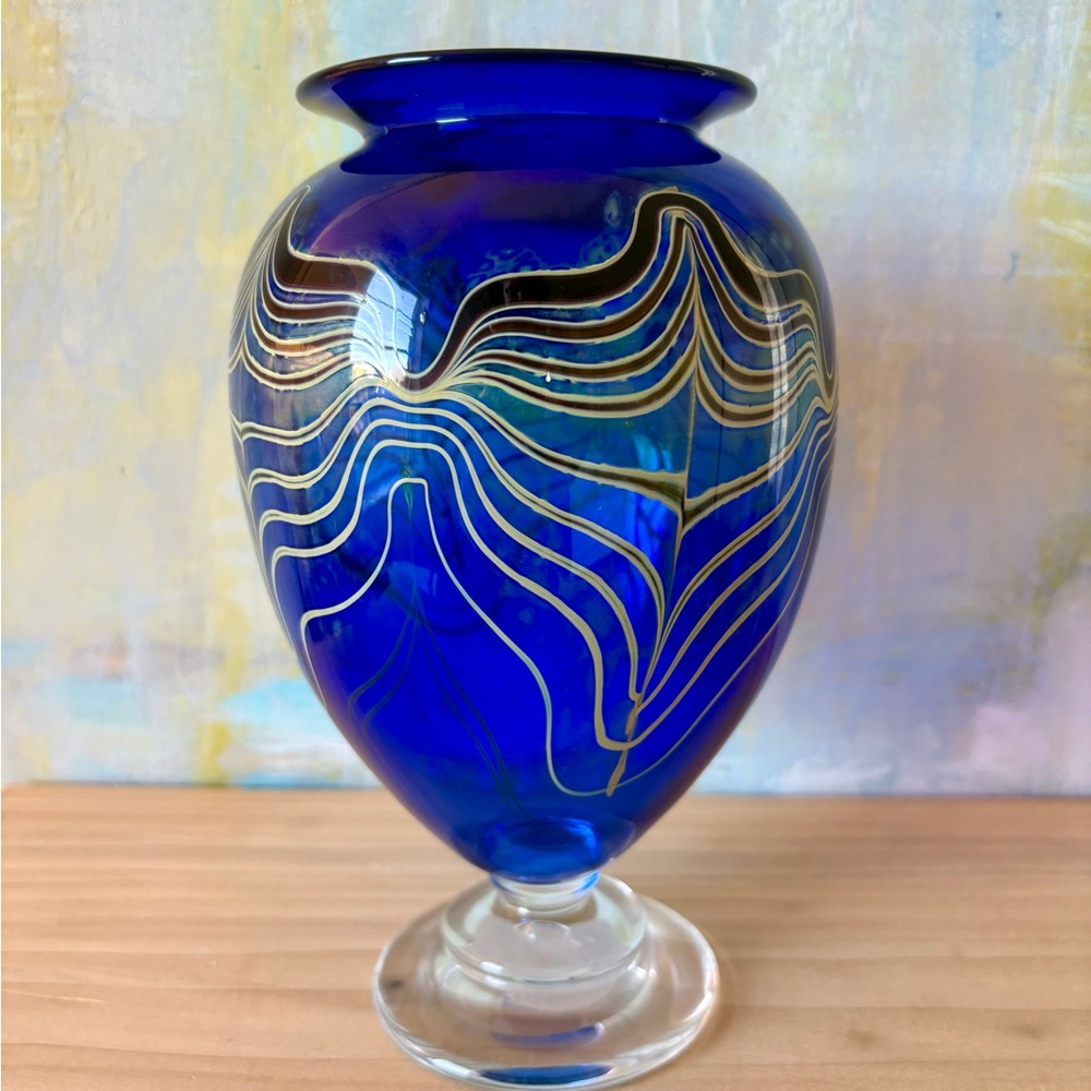 Marc Boutte - Vibrant Blue Art Glass Vase with Gold Accents